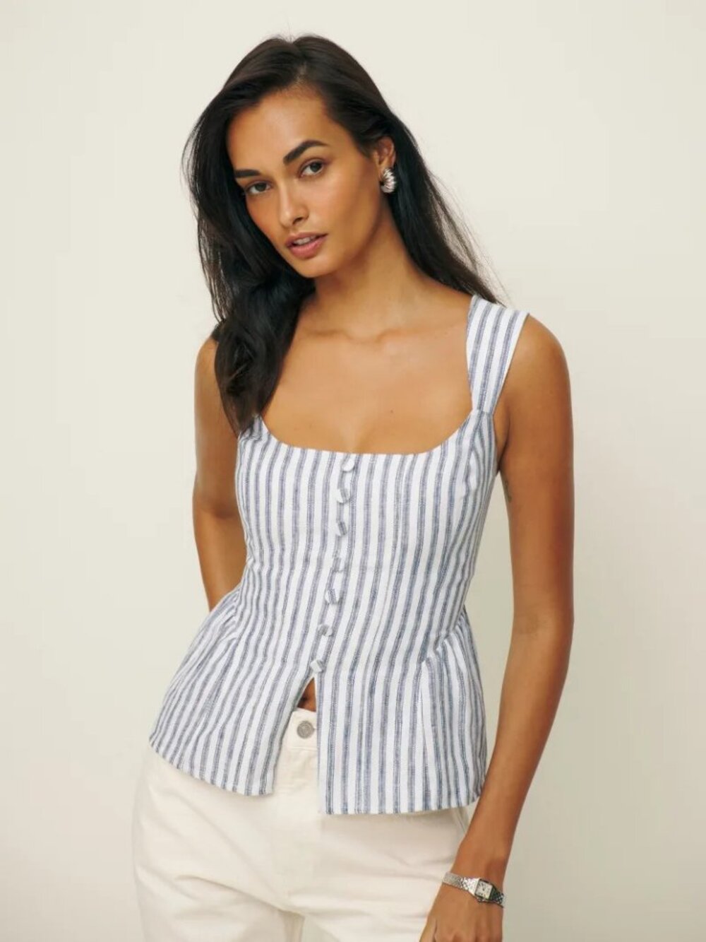 Reformation Evie Linen Top Navy White Stripe Square Neck Sz 2